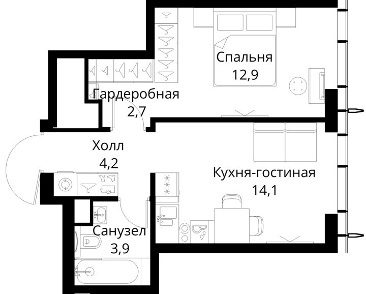1-комнатная квартира, 37,8 м² — фото 1