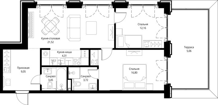 2-комнатная квартира, 76,1 м² — фото 1