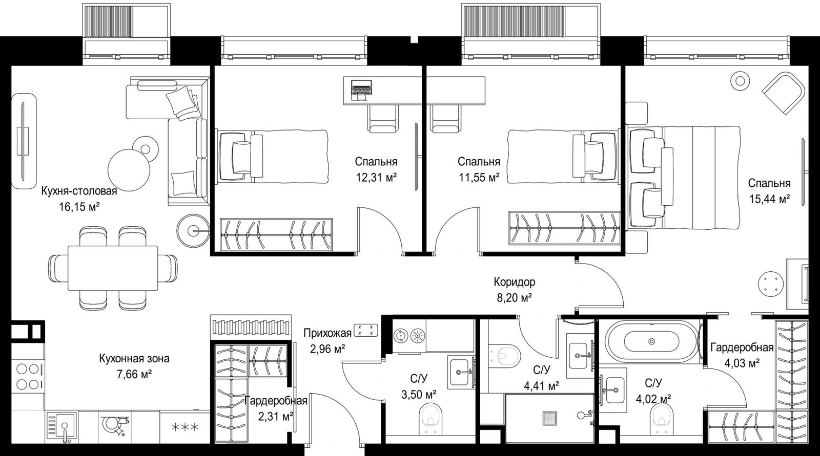 3-комнатная квартира, 92,5 м²