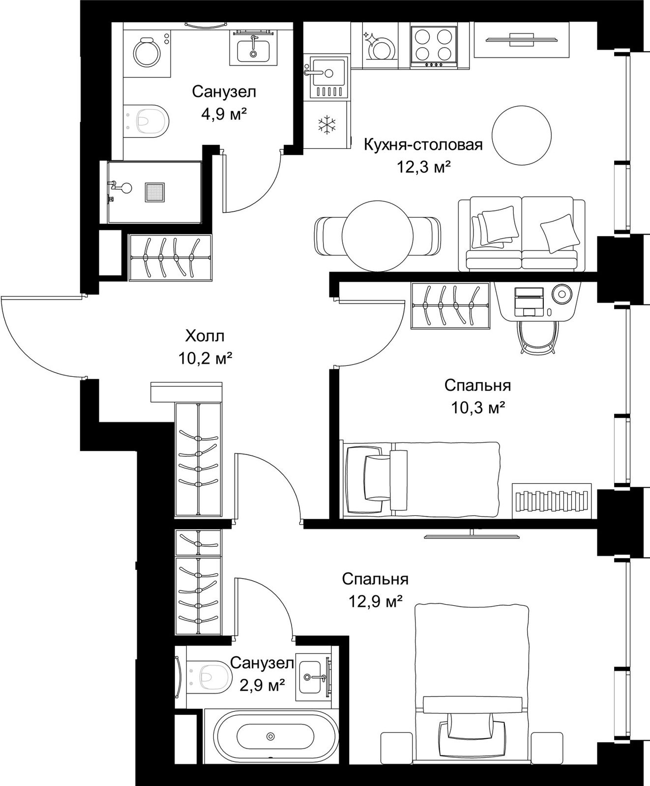 2-комнатная квартира, 53,5 м²