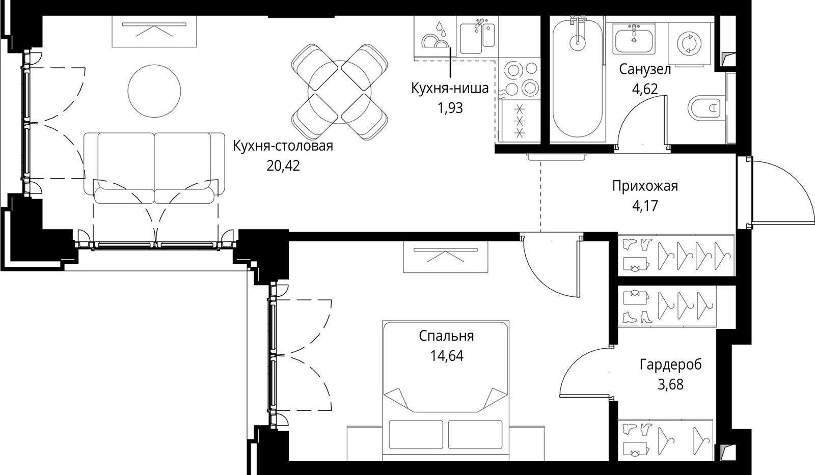 1-комнатная квартира, 49,5 м²