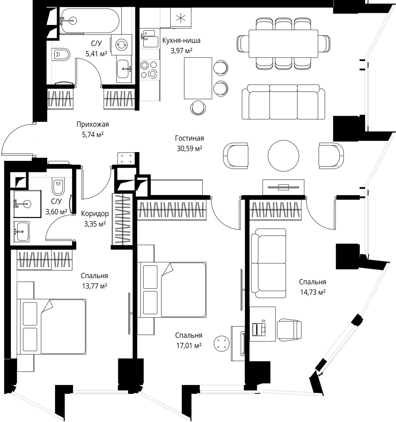3-комнатная квартира, 98,3 м²