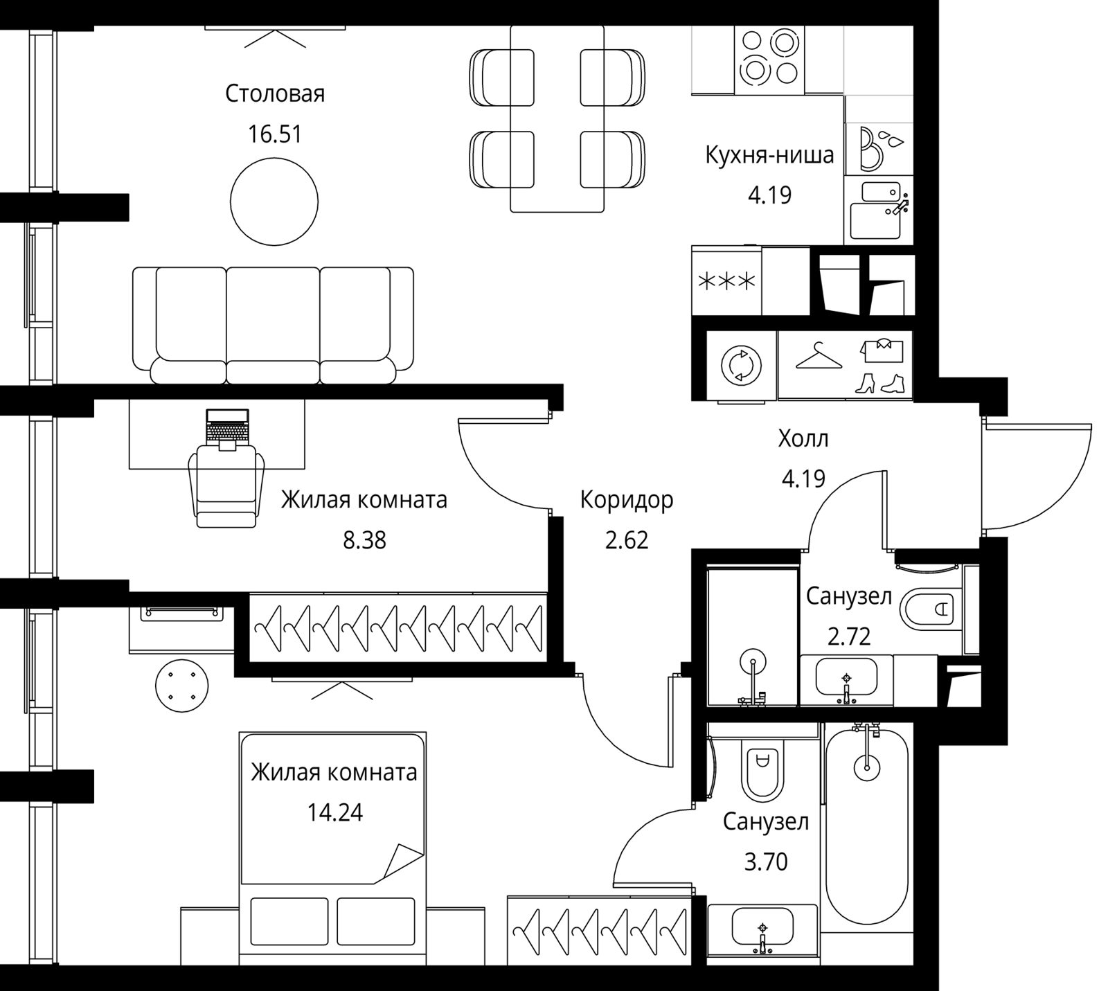 2-комнатная квартира, 56,5 м²