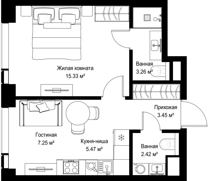 1-комнатная квартира, 37,2 м²