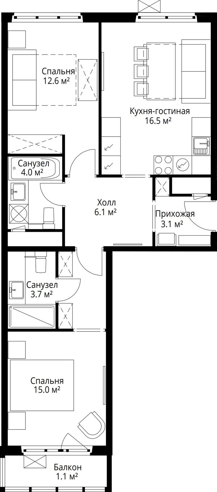 2-комнатная квартира, 62,1 м²