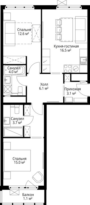 2-комнатная квартира, 62,1 м² — фото 1
