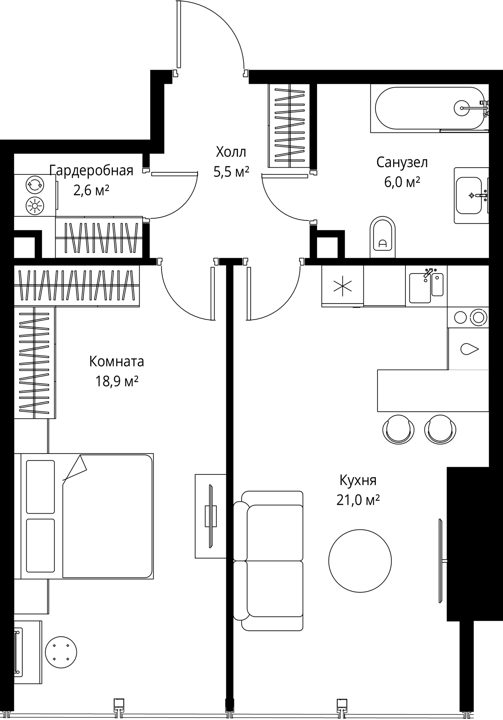 1-комнатная квартира, 54 м²