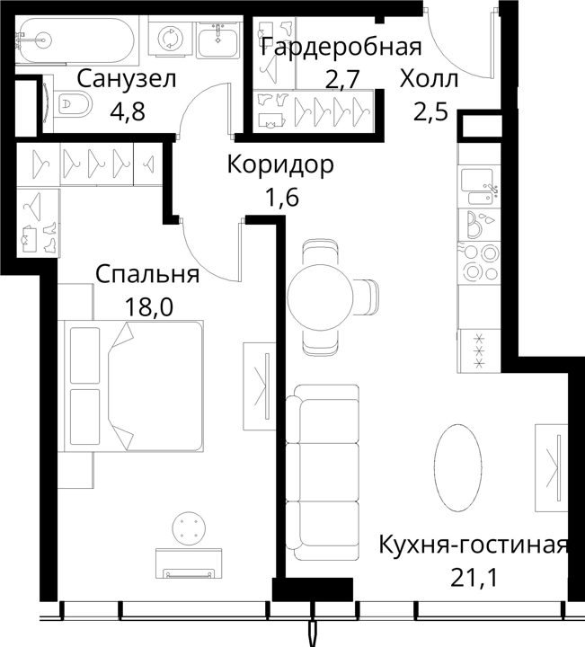 1-комнатная квартира, 50,7 м² — фото 1