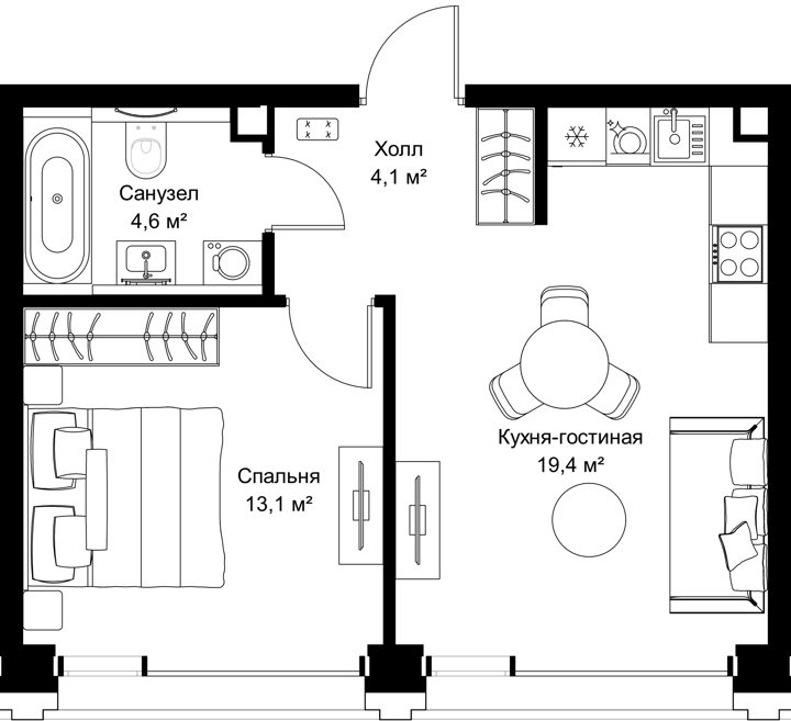 1-комнатная квартира, 41,2 м²