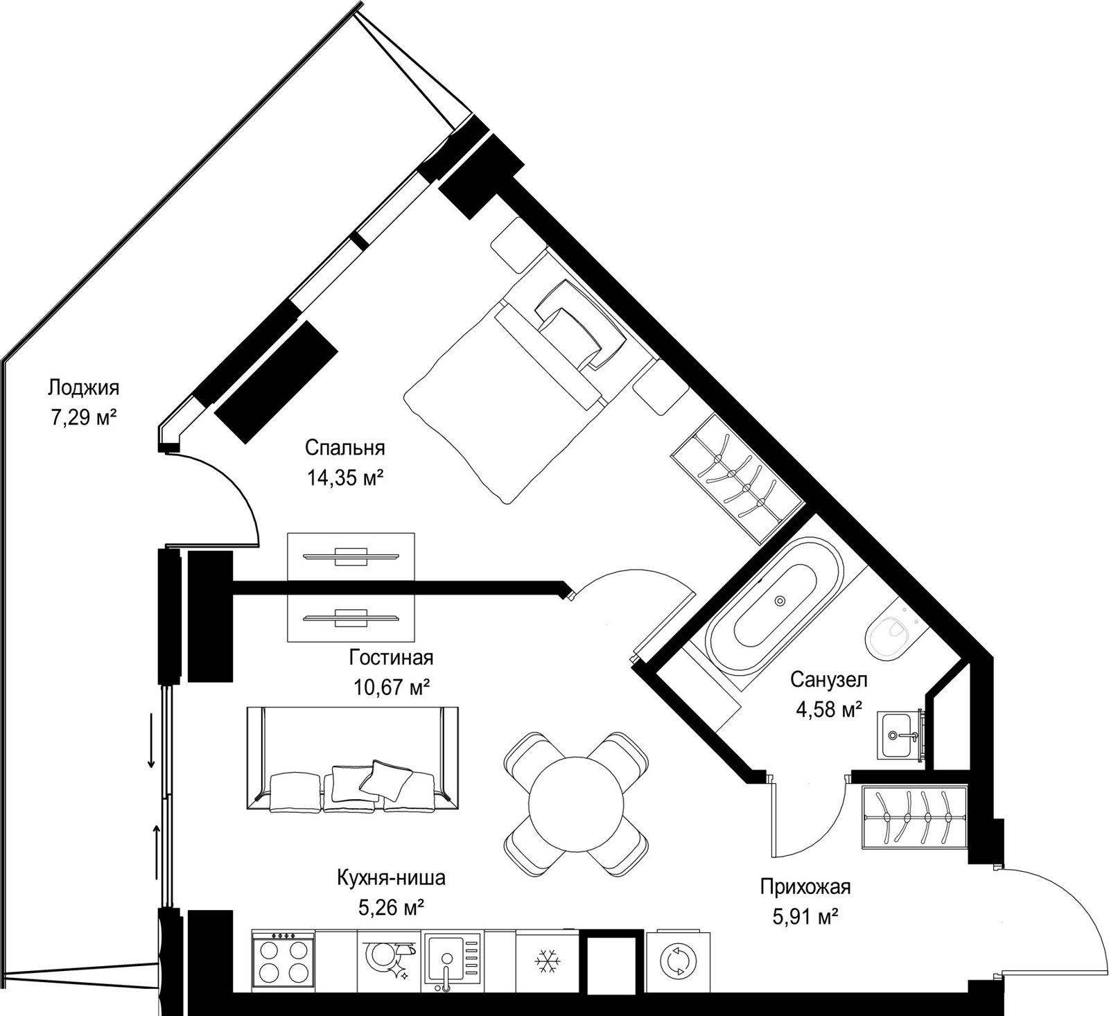 1-комнатная квартира, 48,1 м²