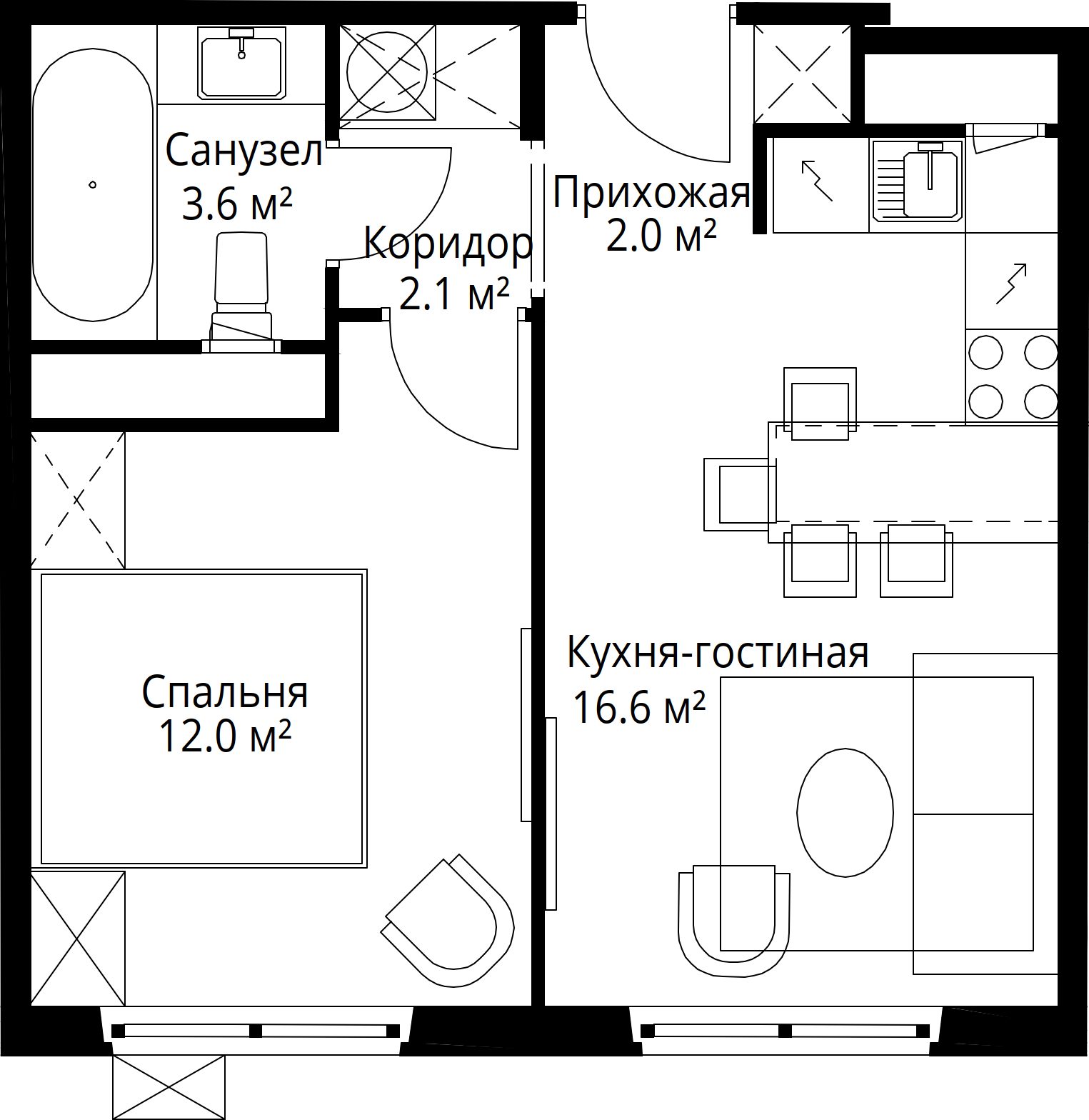1-комнатная квартира, 36,3 м²