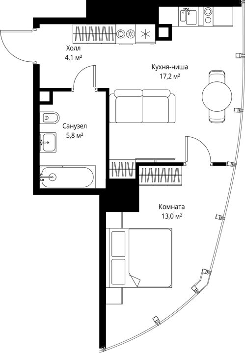 1-комнатная квартира, 40,1 м²