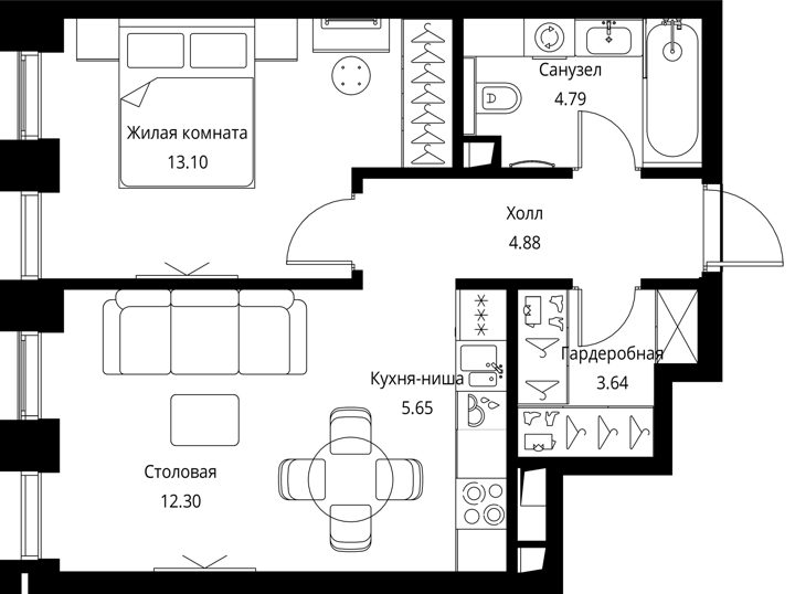1-комнатная квартира, 44,4 м² — фото 1