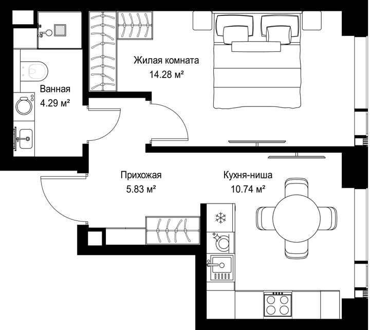 1-комнатная квартира, 35,1 м²