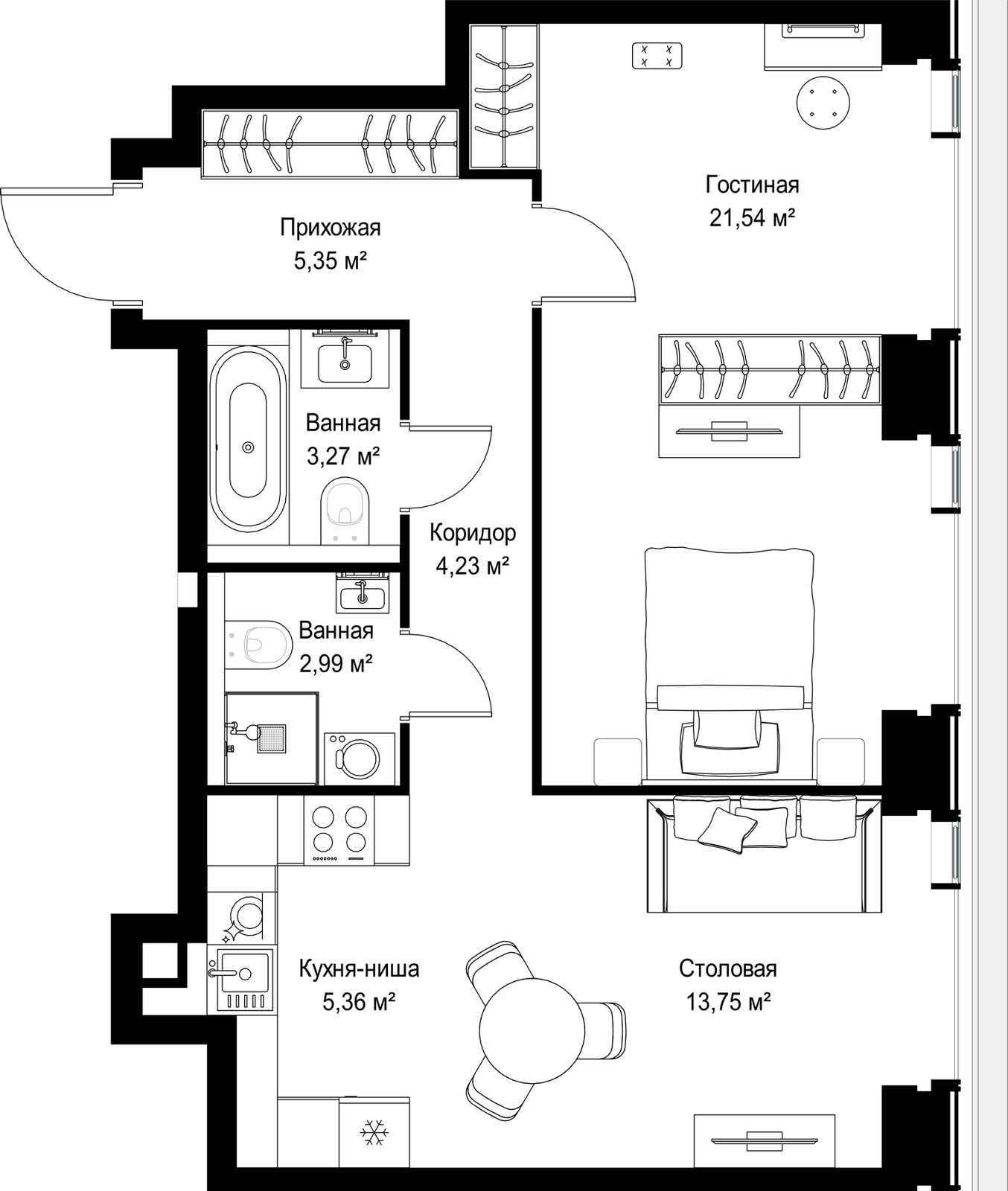 2-комнатная квартира, 56,5 м²