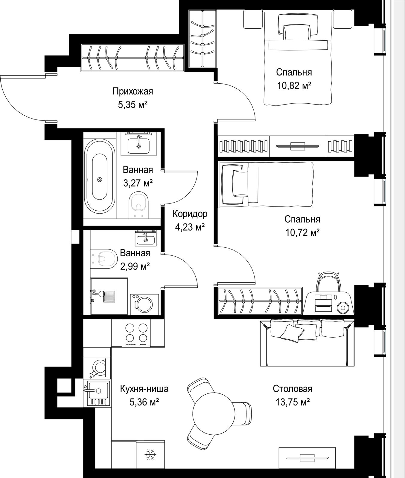 2-комнатная квартира, 56,5 м² — фото 2