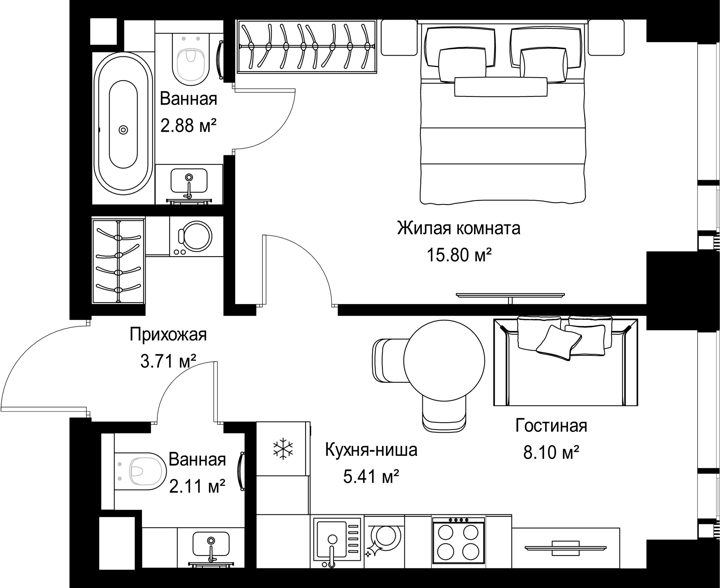 1-комнатная квартира, 38 м²