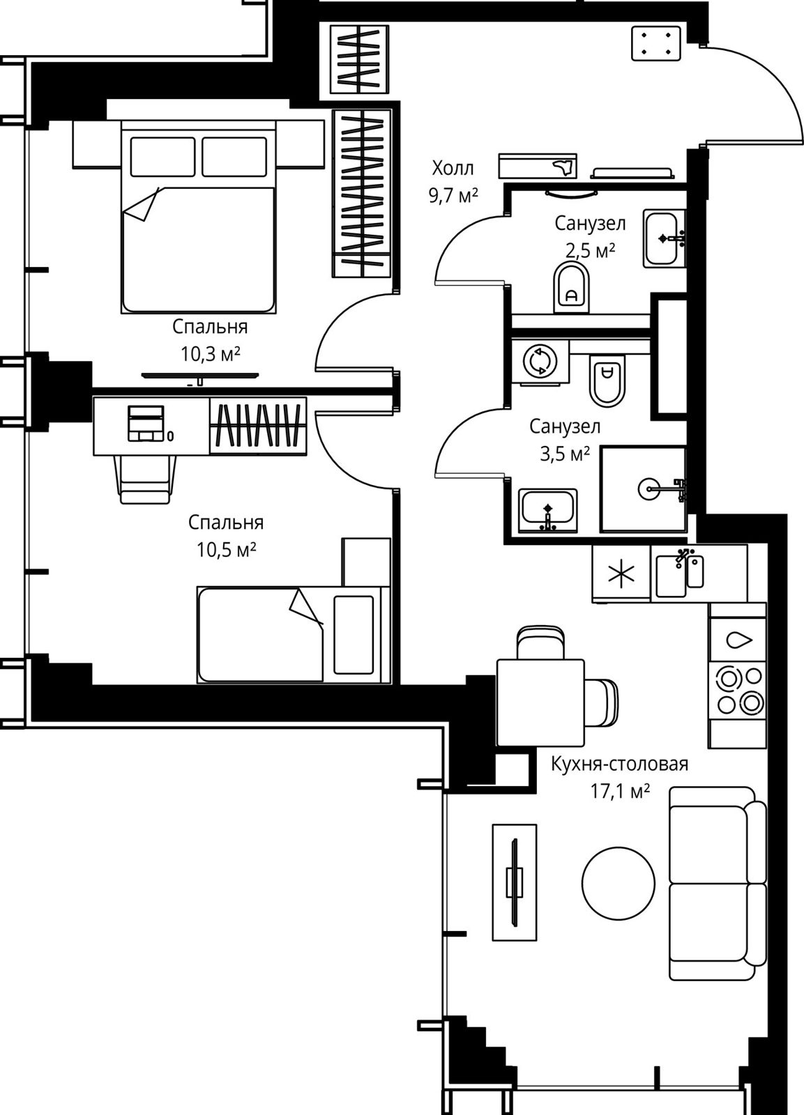 2-комнатная квартира, 53,6 м²