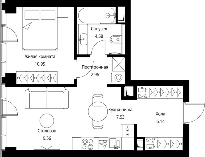1-комнатная квартира, 41,7 м² — фото 1