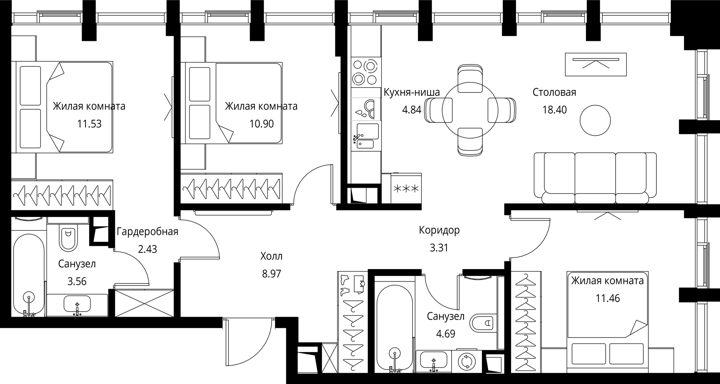3-комнатная квартира, 80,1 м² — фото 1