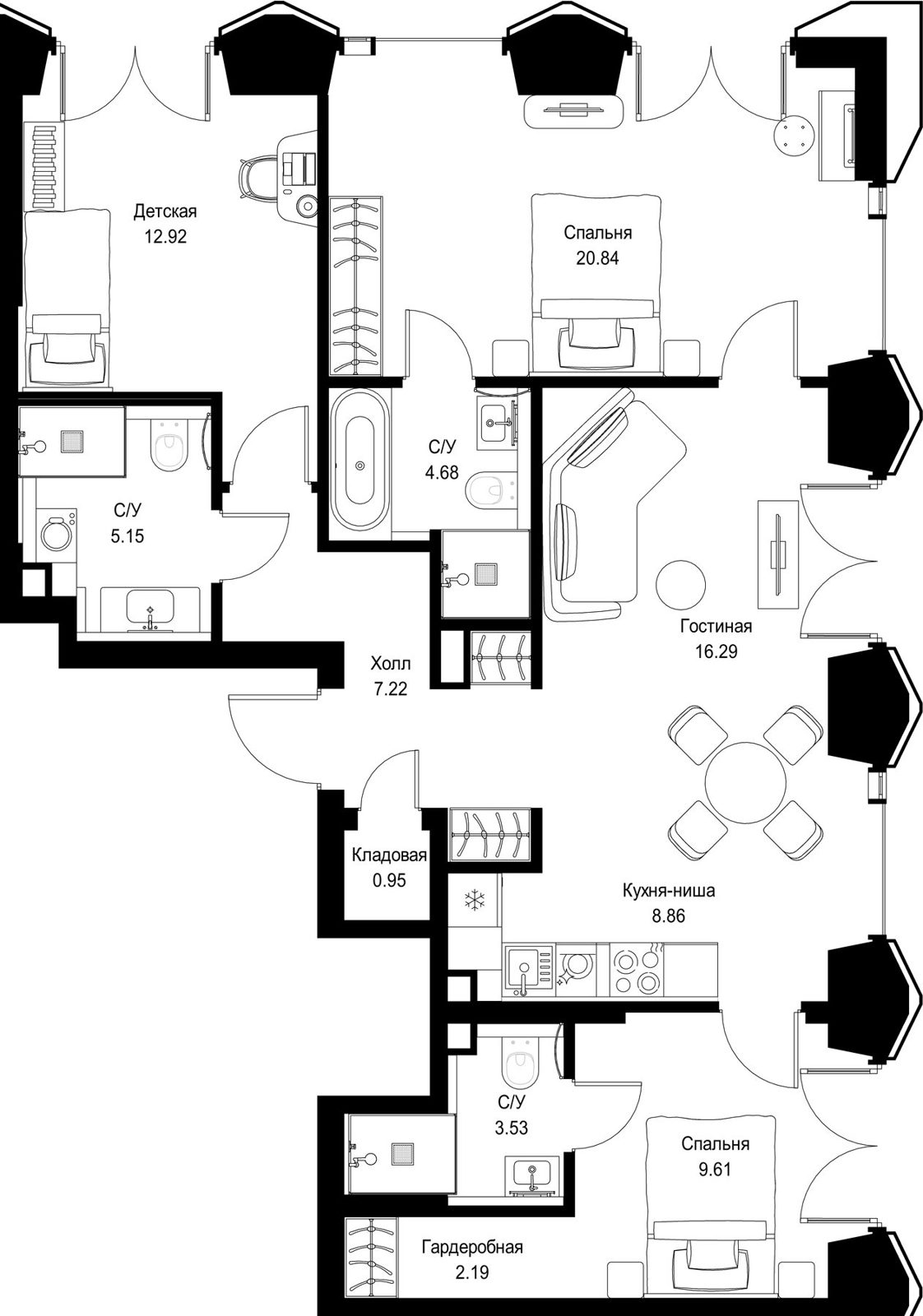 3-комнатная квартира, 92,2 м²