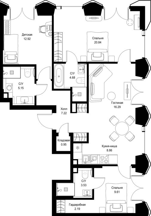 3-комнатная квартира, 92,2 м²