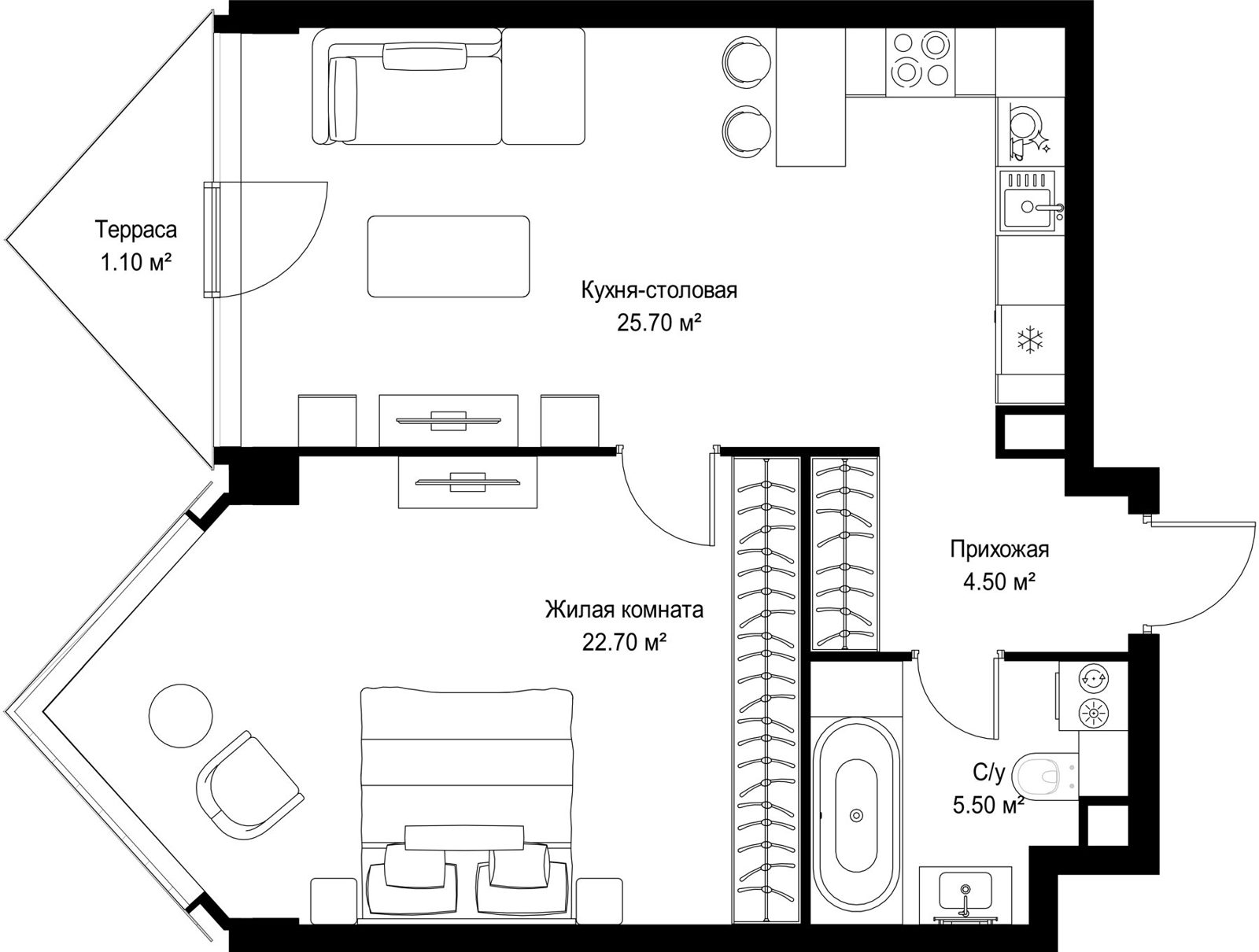 1-комнатная квартира, 59,5 м²