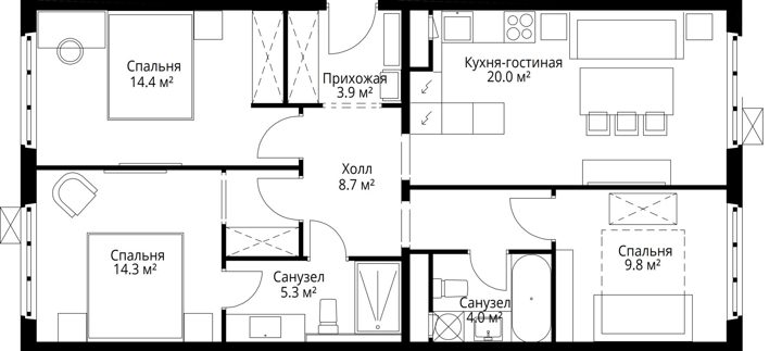 3-комнатная квартира, 80,4 м² — фото 1
