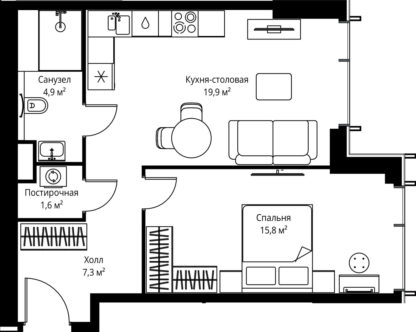 1-комнатная квартира, 49,5 м²