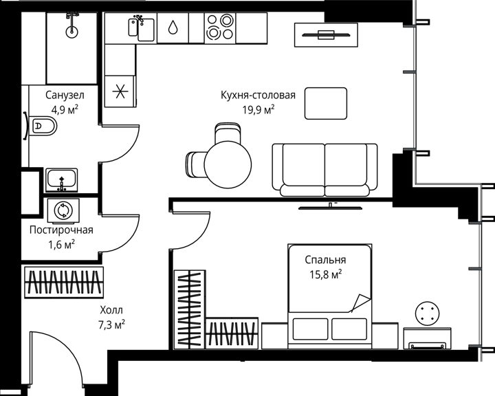 1-комнатная квартира, 49,5 м²