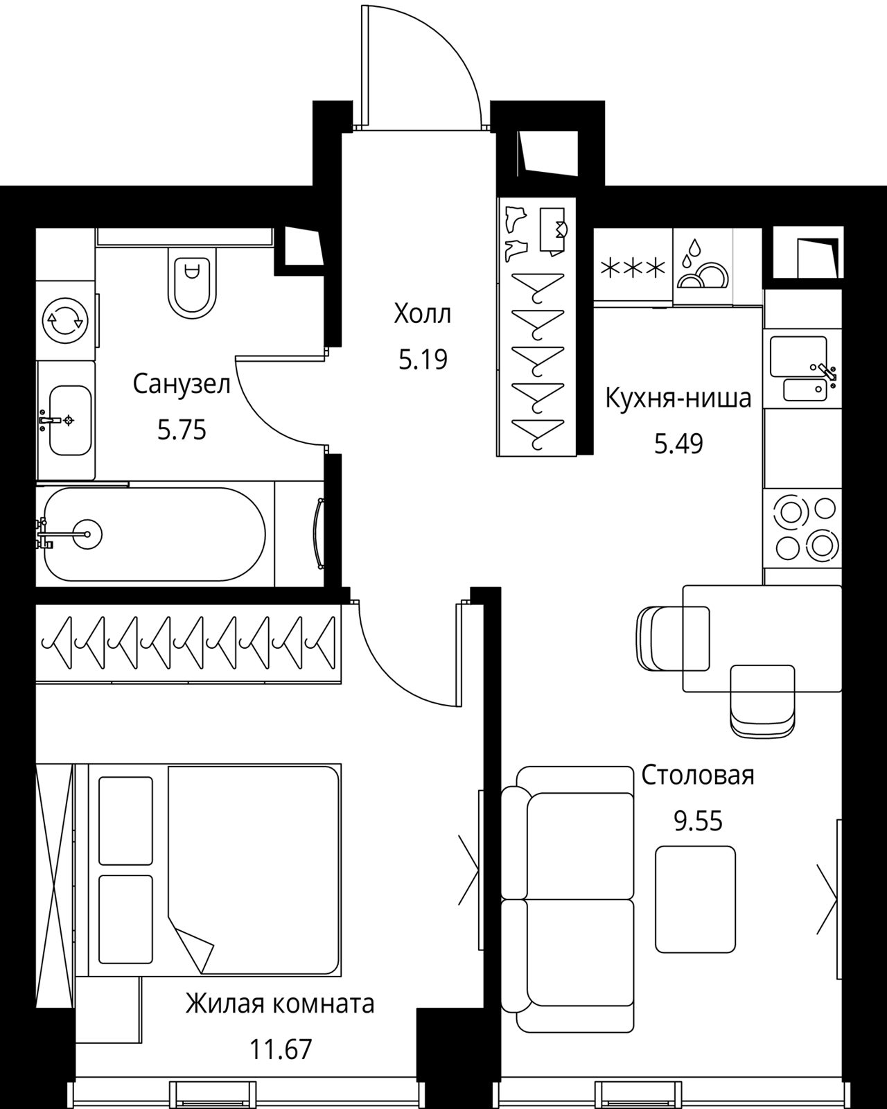 1-комнатная квартира, 37,6 м²