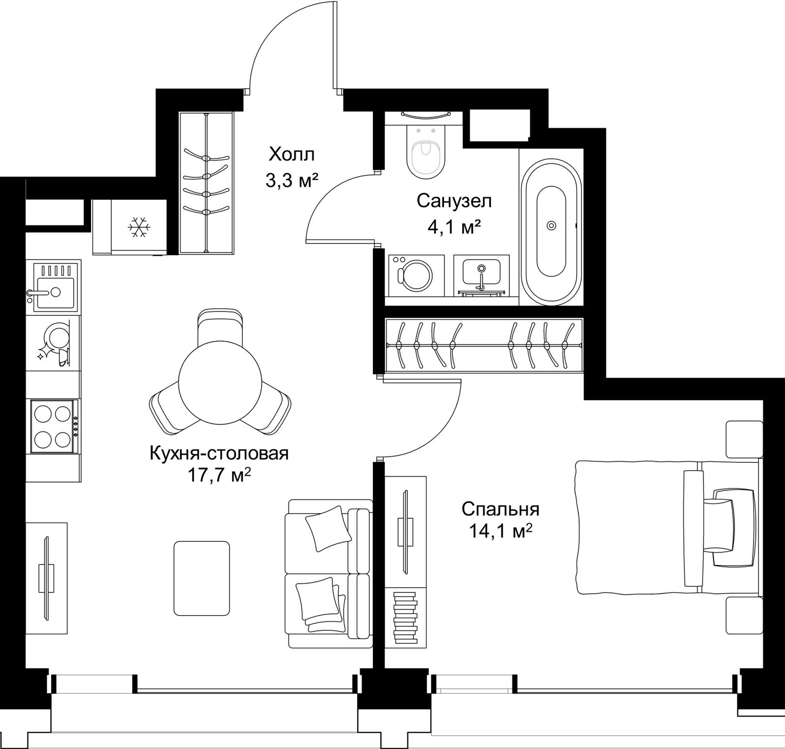 1-комнатная квартира, 39,2 м²