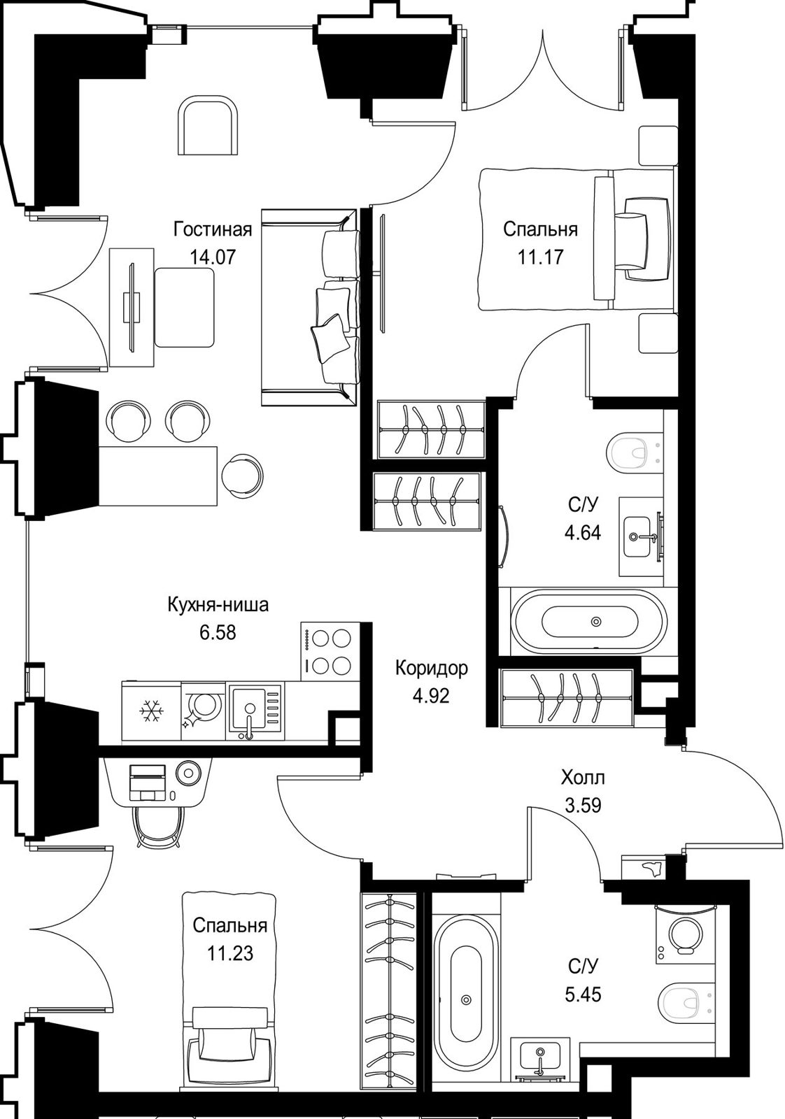 2-комнатная квартира, 61,6 м²