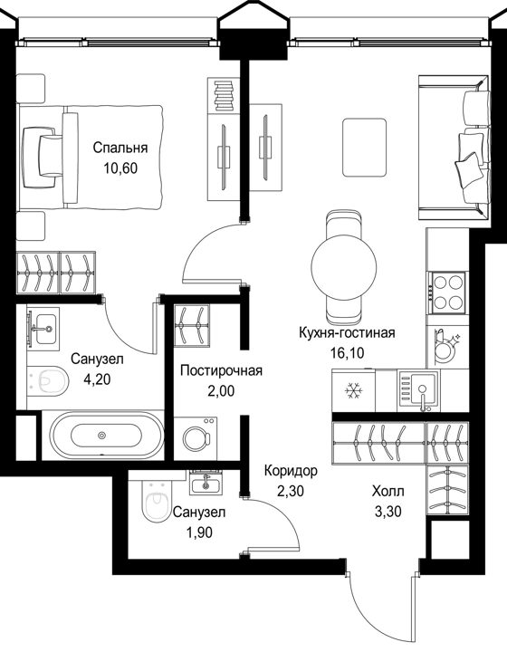 1-комнатная квартира, 40,4 м² — фото 1