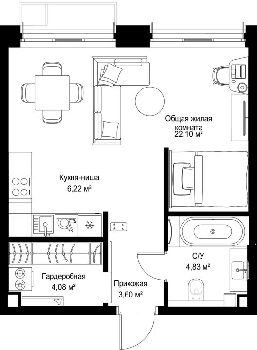 1-комнатная квартира, 40,8 м² — фото 1