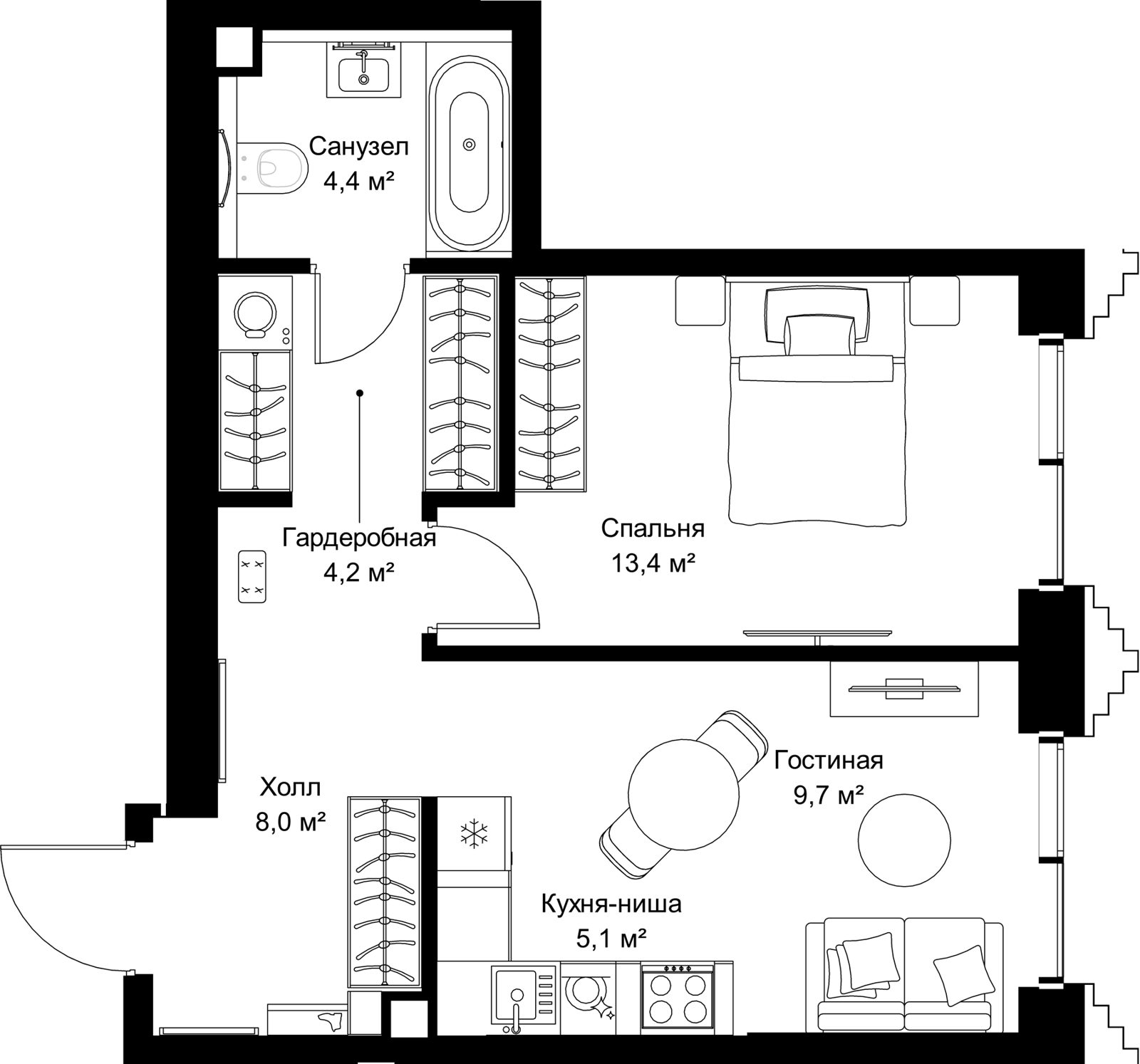 1-комнатная квартира, 44,8 м²