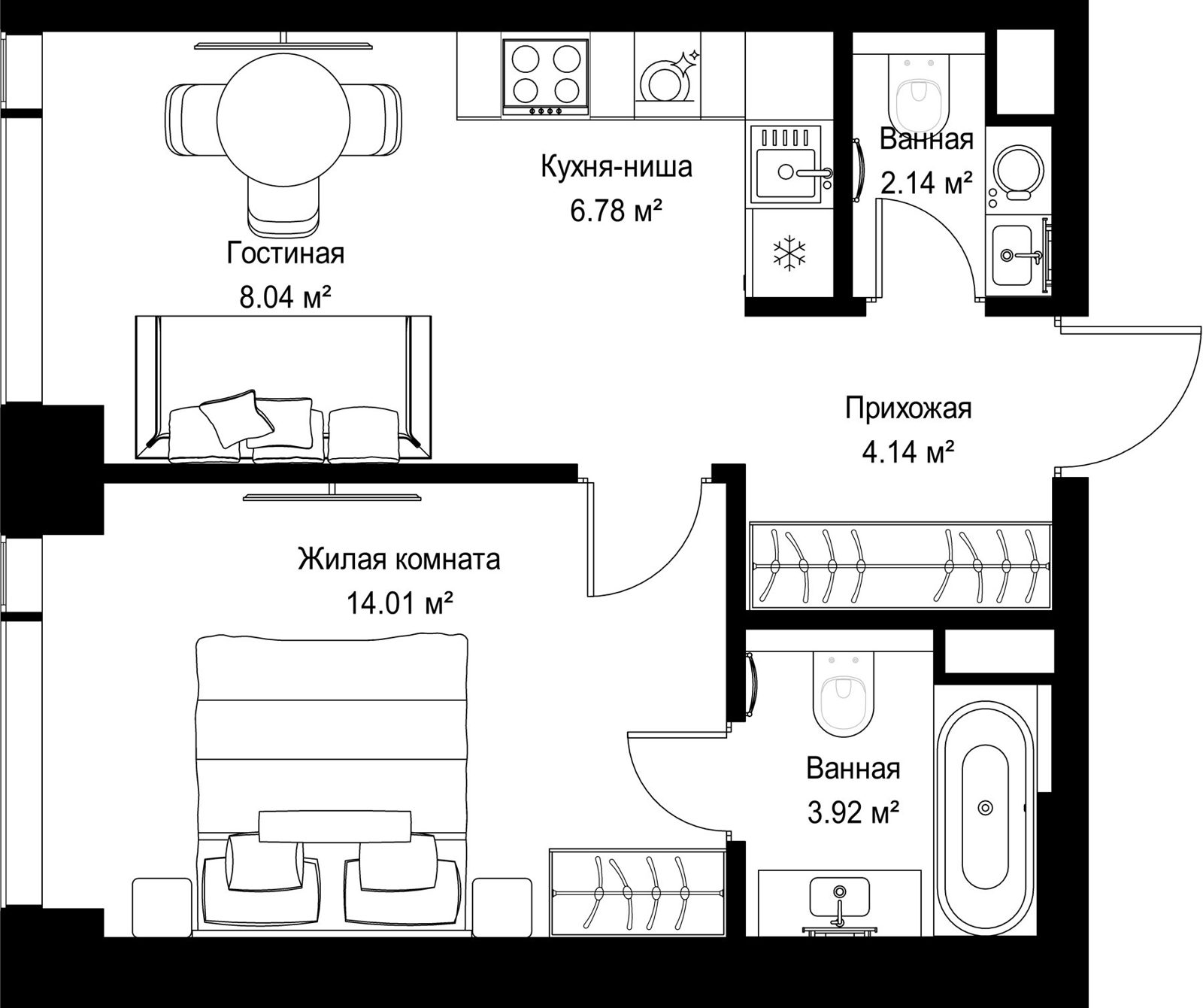 1-комнатная квартира, 39 м²