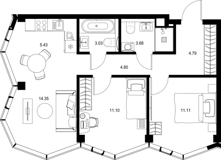 2-комнатная квартира, 58,3 м²