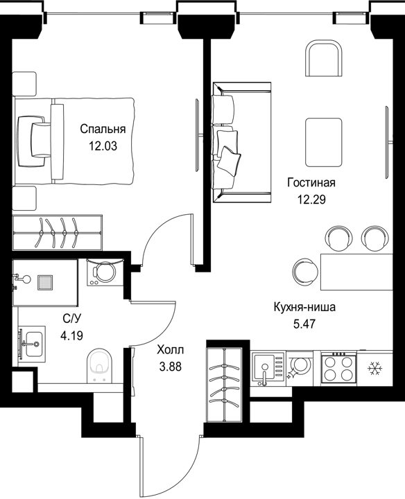 1-комнатная квартира, 37,9 м²