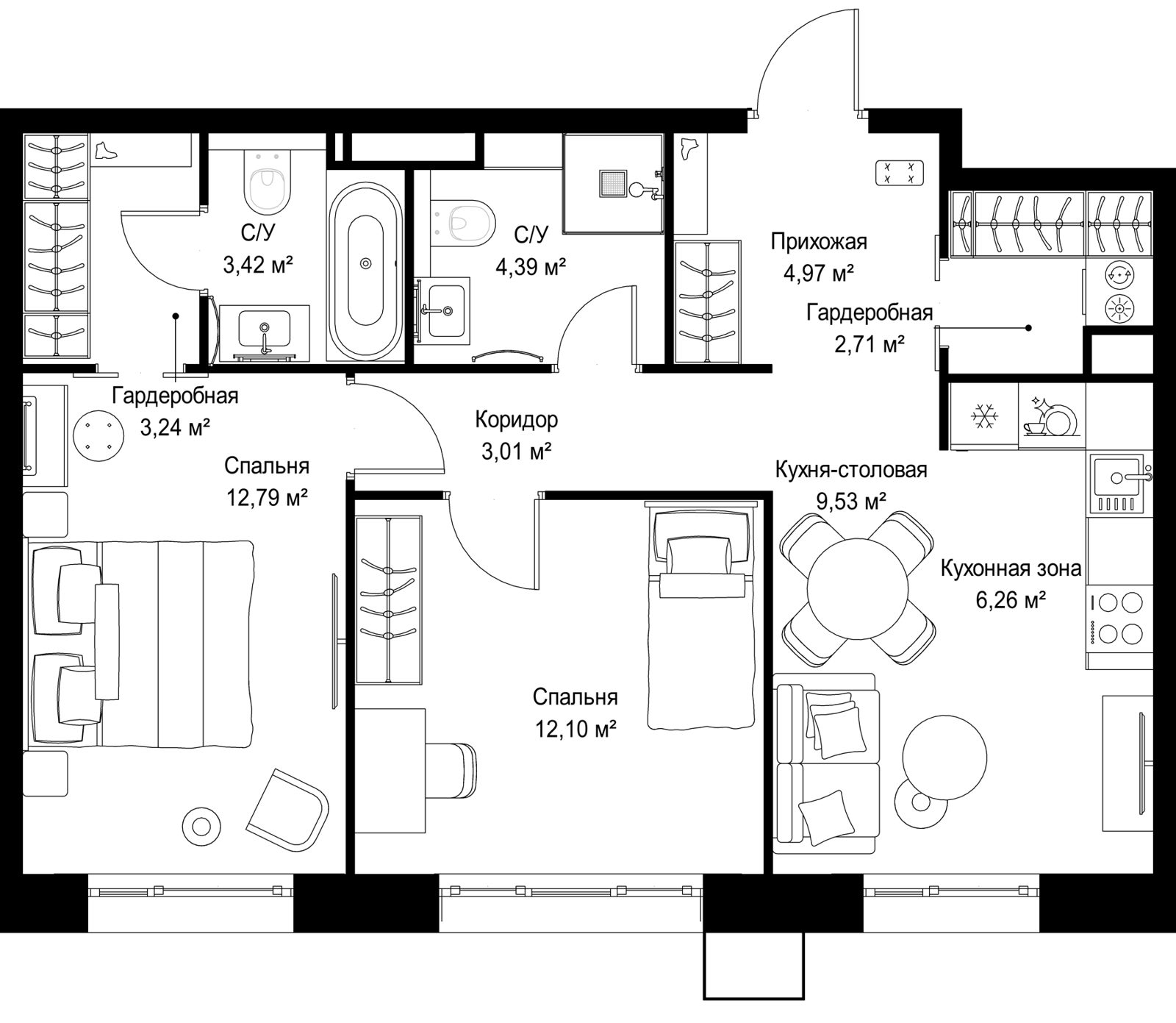 2-комнатная квартира, 62,4 м²