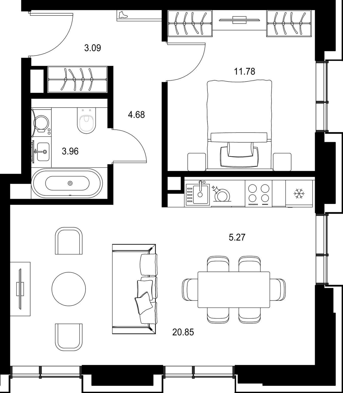 1-комнатная квартира, 49,6 м²