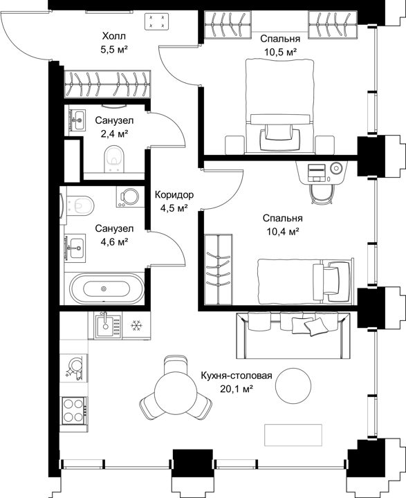 2-комнатная квартира, 58 м²