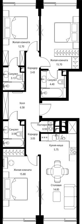 3-комнатная квартира, 89,9 м² — фото 1