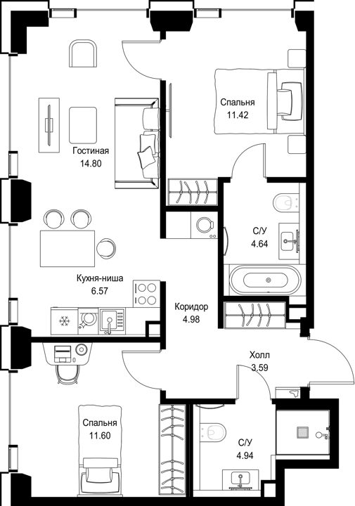 2-комнатная квартира, 62,5 м²