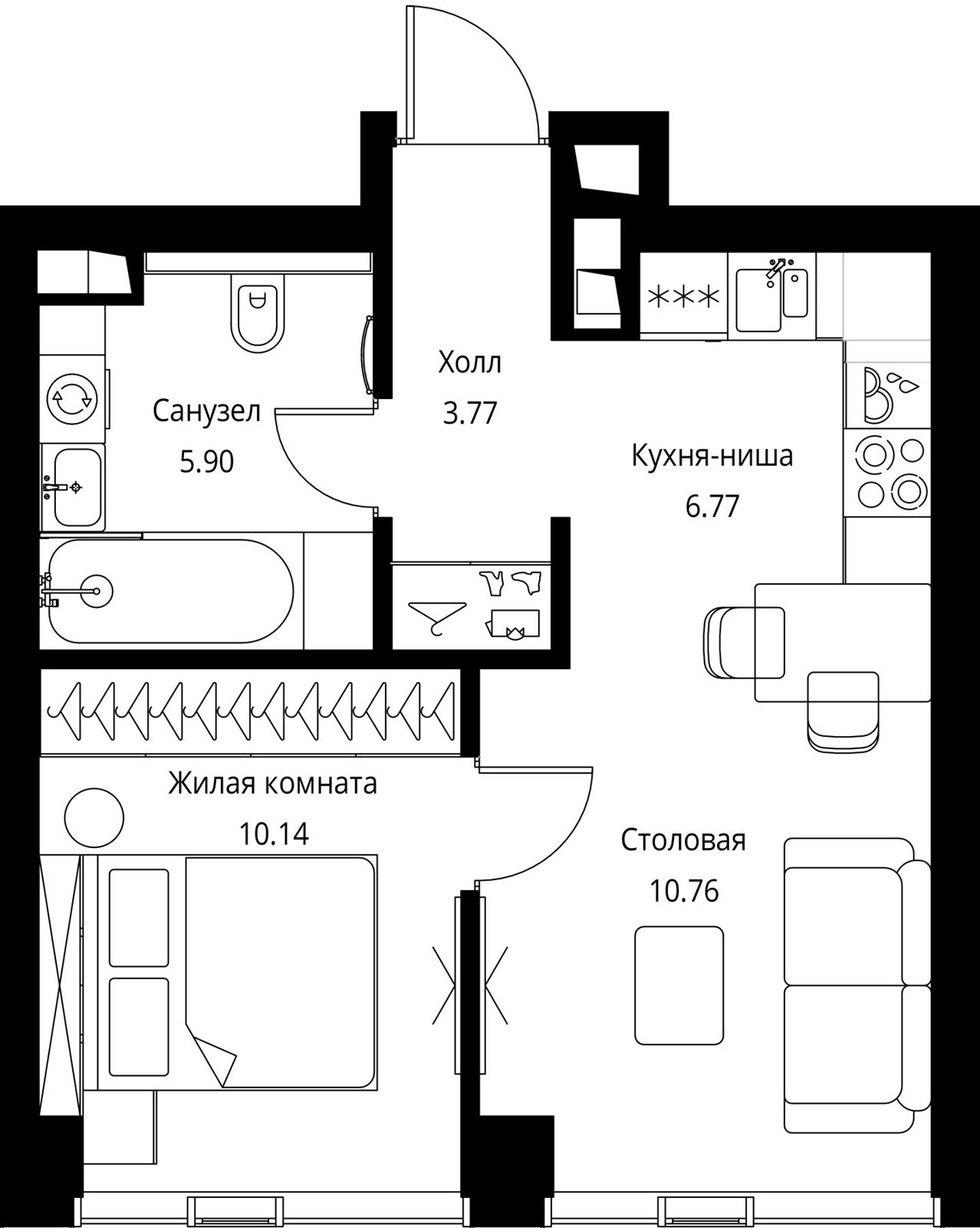1-комнатная квартира, 37,3 м²