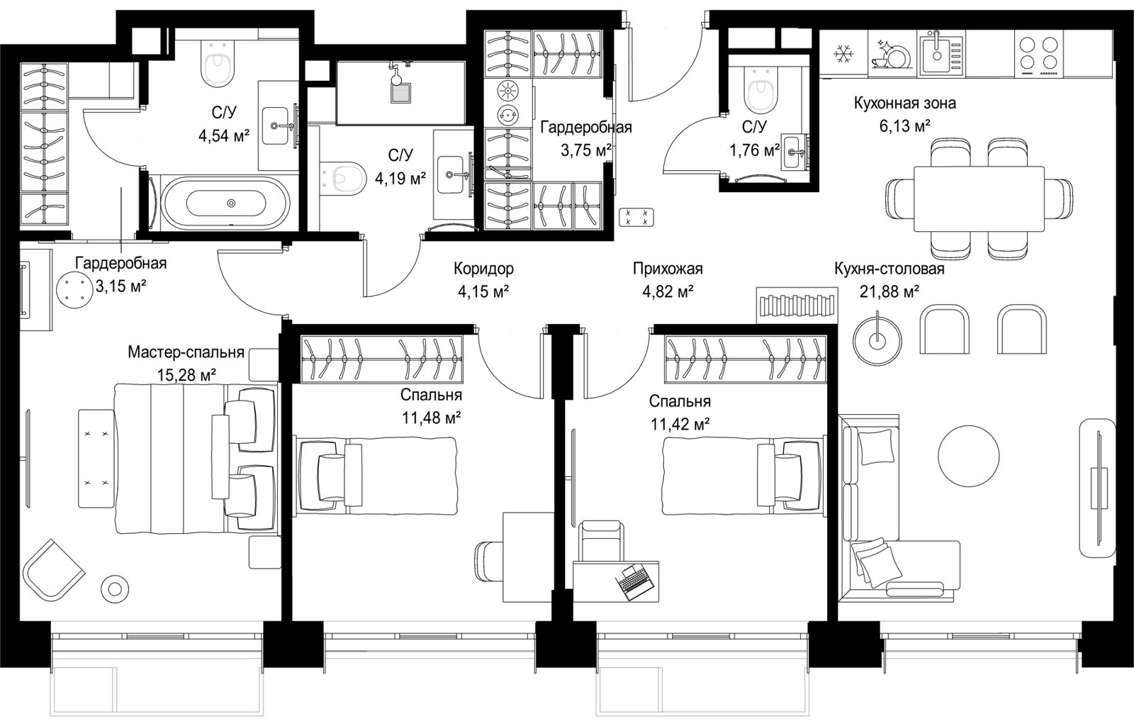 3-комнатная квартира, 92,5 м²