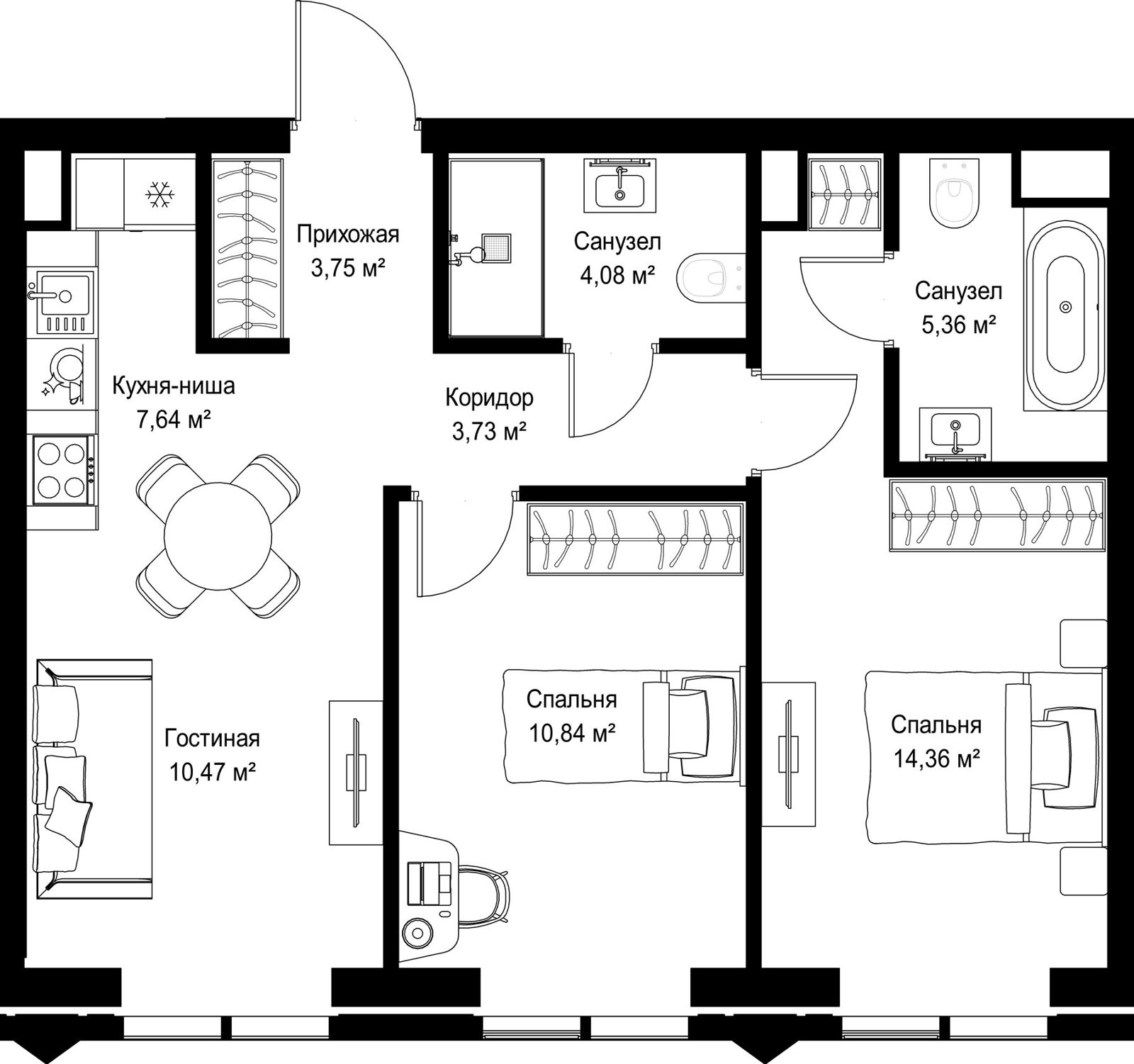 2-комнатная квартира, 60,2 м²