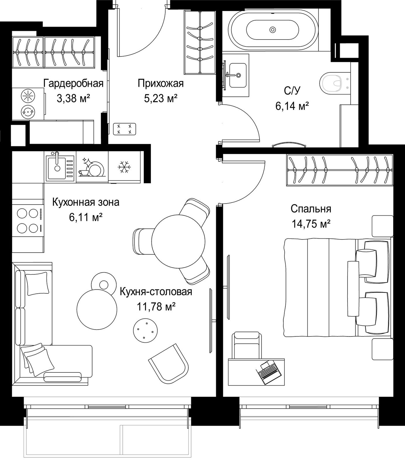 1-комнатная квартира, 47,4 м²