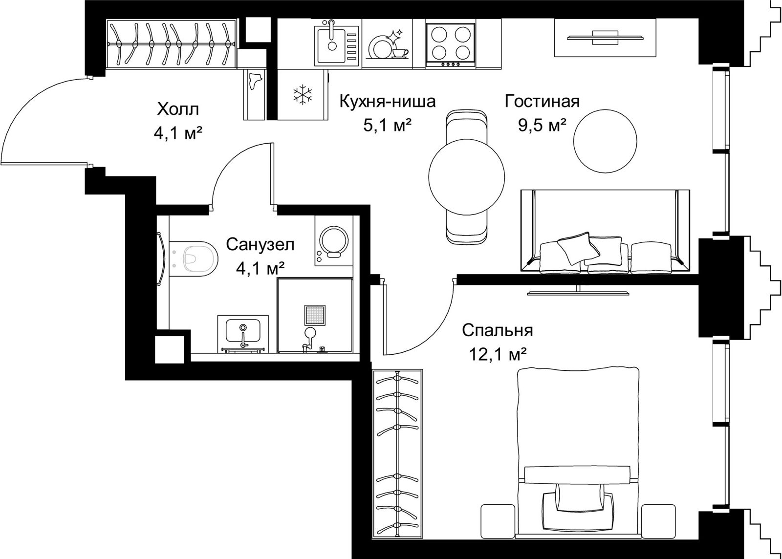1-комнатная квартира, 34,9 м²