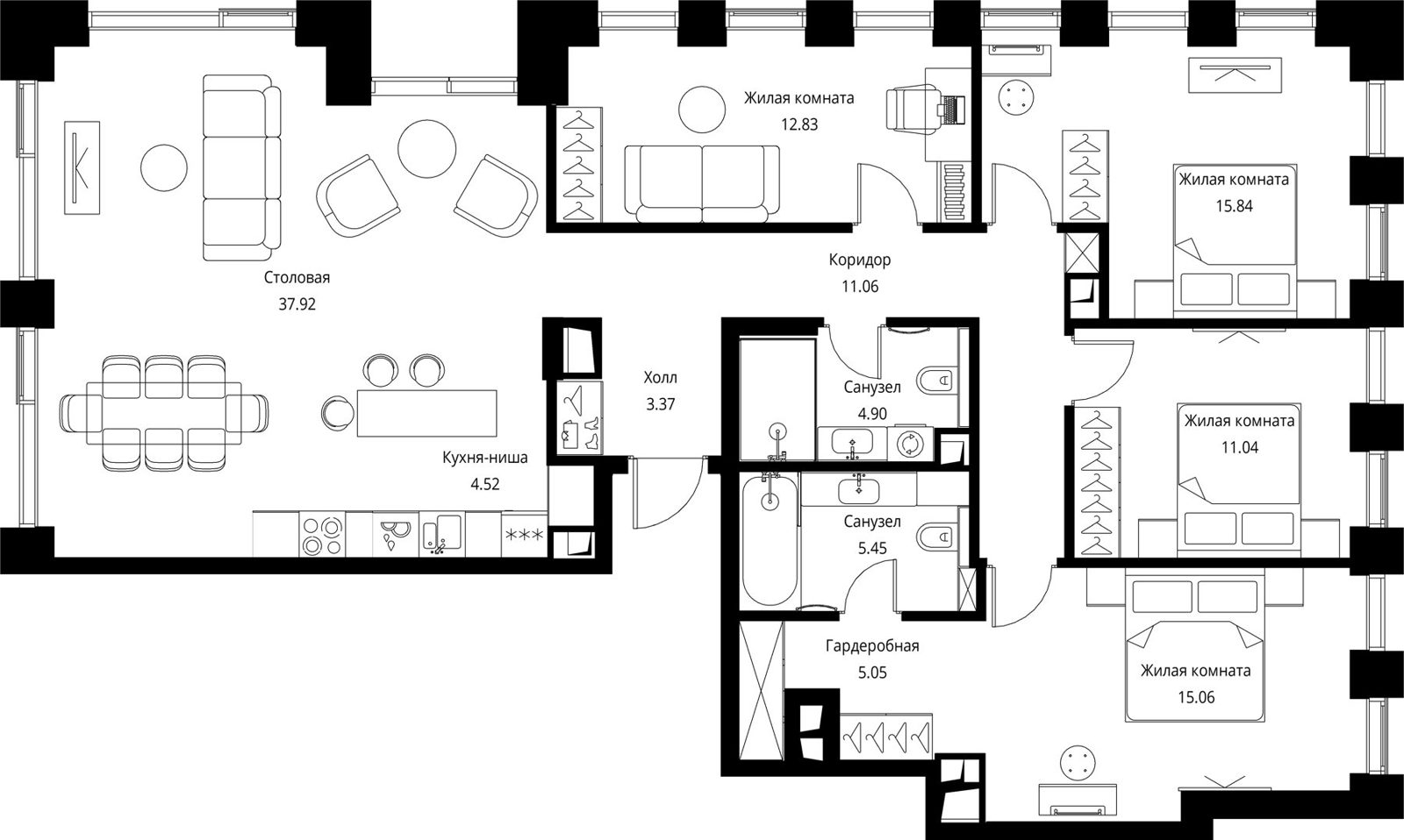 4-комнатная квартира, 127 м²